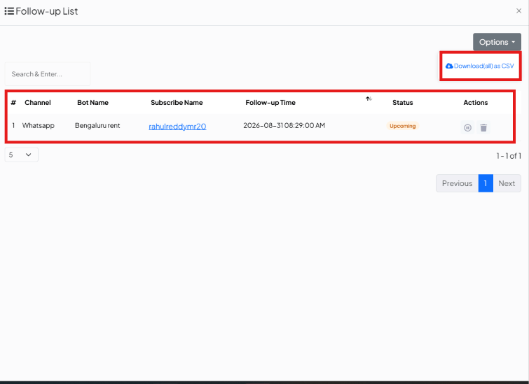 Follow-up List table with Channel, Bot Name, Subscribe Name, Follow-up Time, Status, and Actions columns, and a Download(all) as CSV link