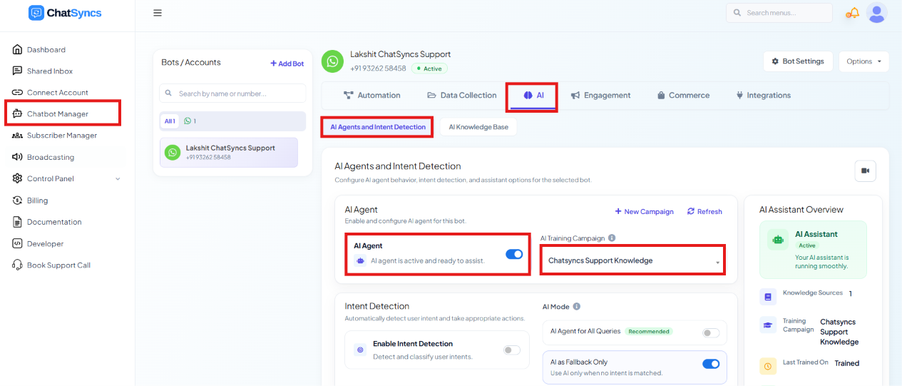 ChatSyncs left navigation with Chatbot Manager selected, the AI tab and AI Agents and Intent Detection sub-tab highlighted, the AI Agent panel with AI Training Campaign selected, Intent Detection and AI Mode, and the AI Assistant Overview sidebar