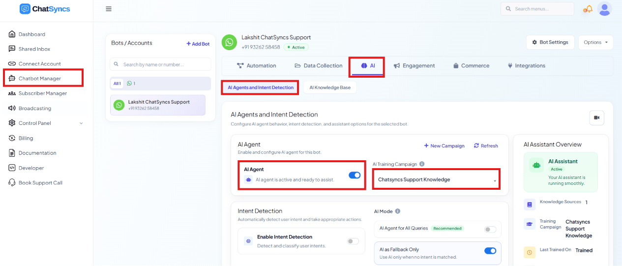 ChatSyncs left navigation with Chatbot Manager selected, the AI tab and AI Agents and Intent Detection sub-tab highlighted, the AI Agent panel with AI Training Campaign selected, Intent Detection and AI Mode, and the AI Assistant Overview sidebar