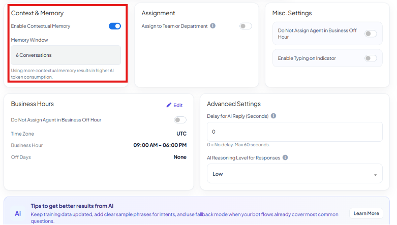 Context & Memory card with Enable Contextual Memory and a Memory Window of 6 Conversations, alongside Assignment and Misc Settings cards, Business Hours, and Advanced Settings