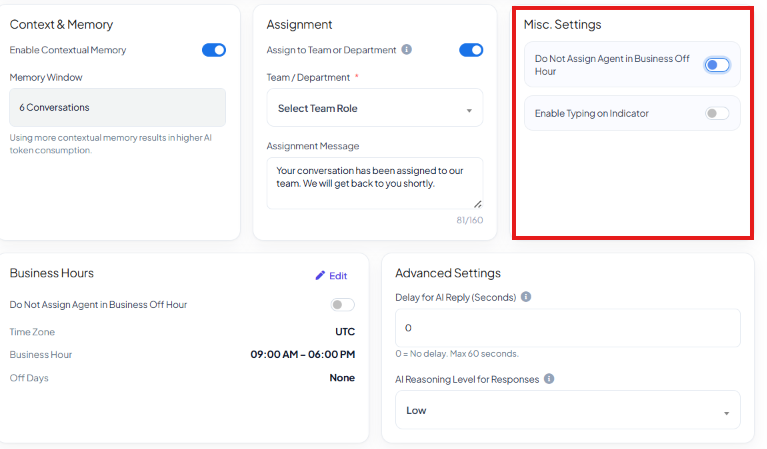 Misc Settings card with Do Not Assign Agent in Business Off Hour and Enable Typing on Indicator toggles