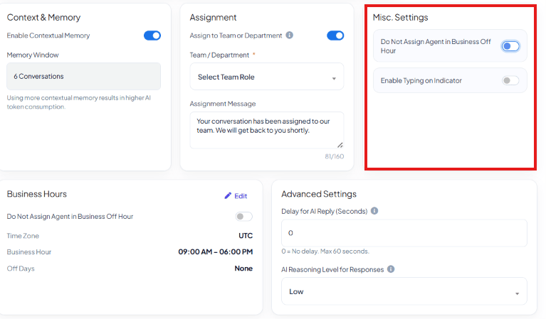 Misc Settings card with Do Not Assign Agent in Business Off Hour and Enable Typing on Indicator toggles