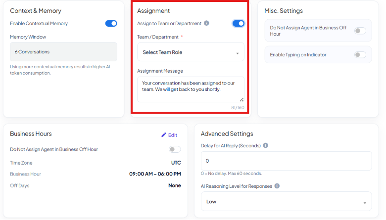 Assignment card with Assign to Team or Department enabled, a Team/Department field, and an Assignment Message textarea
