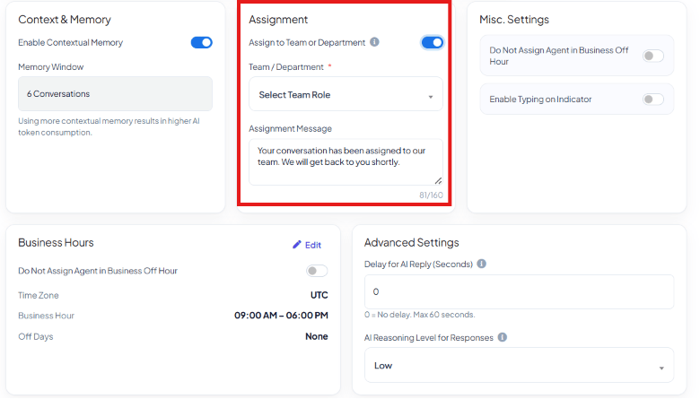 Assignment card with Assign to Team or Department enabled, a Team/Department field, and an Assignment Message textarea