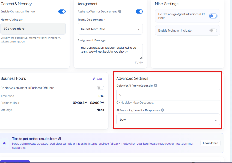 Advanced Settings card with Delay for AI Reply in seconds and AI Reasoning Level for Responses set to Low