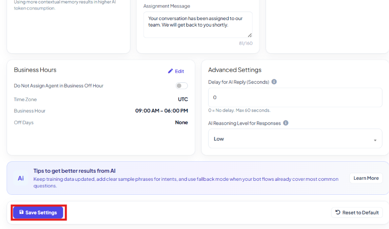 Tips to get better results from AI banner, with Save Settings and Reset to Default buttons