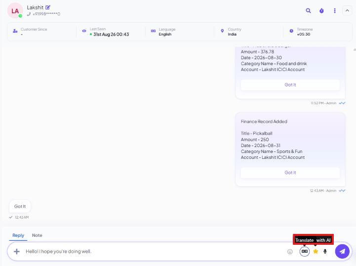 Composer with a draft reply typed in and the globe icon's Translate with AI tooltip showing