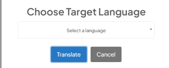 Choose Target Language dialog with a Select a language dropdown, and Translate and Cancel buttons