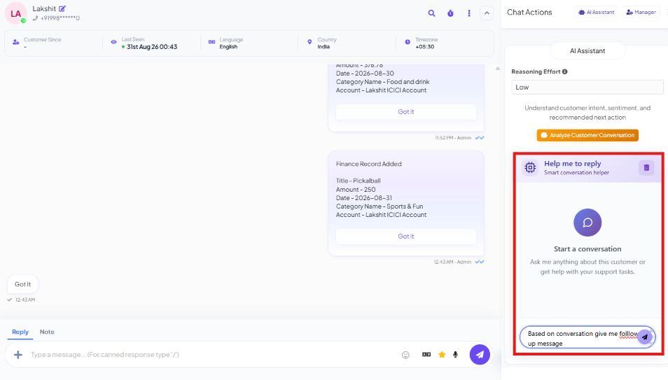 AI Assistant tab in Chat Actions, with Reasoning Effort set to Low, an Analyze Customer Conversation button, and a Help me to reply conversation helper with a Start a conversation prompt