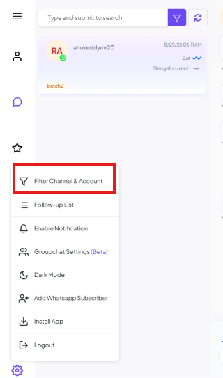 Shared Inbox settings menu with Filter Channel & Account highlighted at the top, above Follow-up List, Enable Notification, Groupchat Settings, Dark Mode, Add Whatsapp Subscriber, Install App, and Logout