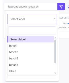 Select label dropdown open, listing existing labels like batch1, batch2, batch3, batch4, and label1