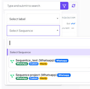Select Sequence dropdown open, listing Sequence_test (WhatsApp) and Sequence project (WhatsApp)