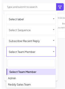 Select Team Member dropdown open, listing Admin and Reddy Sales Team