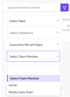 Select Team Member dropdown open, listing Admin and Reddy Sales Team
