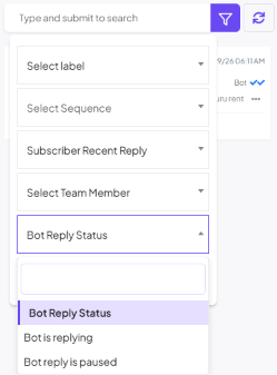 Bot Reply Status dropdown open, with Bot is replying and Bot reply is paused options