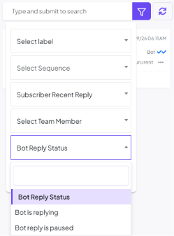 Bot Reply Status dropdown open, with Bot is replying and Bot reply is paused options