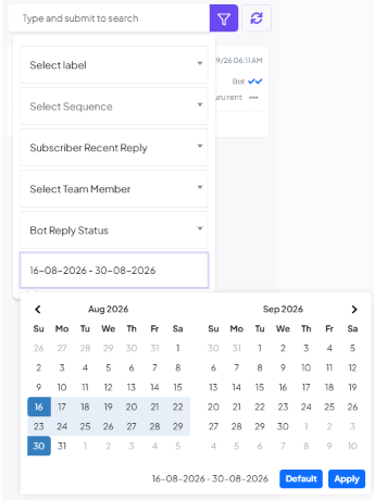 Date range calendar picker open, spanning August and September 2026, with a range selected and Default and Apply buttons