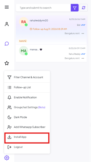 Shared Inbox Settings menu listing Filter Channel & Account, Follow-up List, Enable Notification, Groupchat Settings (Beta), Dark Mode, Add Whatsapp Subscriber, Install App, and Logout