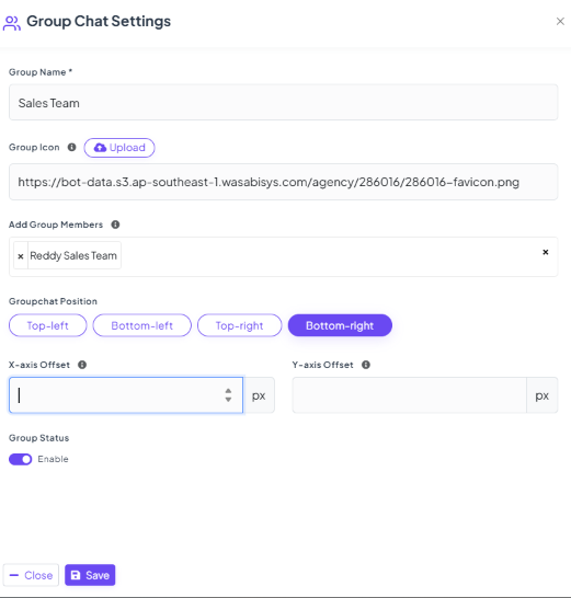 Group Chat Settings form with Group Name, Group Icon upload, Add Group Members, Groupchat Position (Top-left, Bottom-left, Top-right, Bottom-right), X-axis Offset, Y-axis Offset, and a Group Status Enable toggle