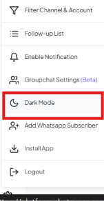 Settings menu with Dark Mode highlighted