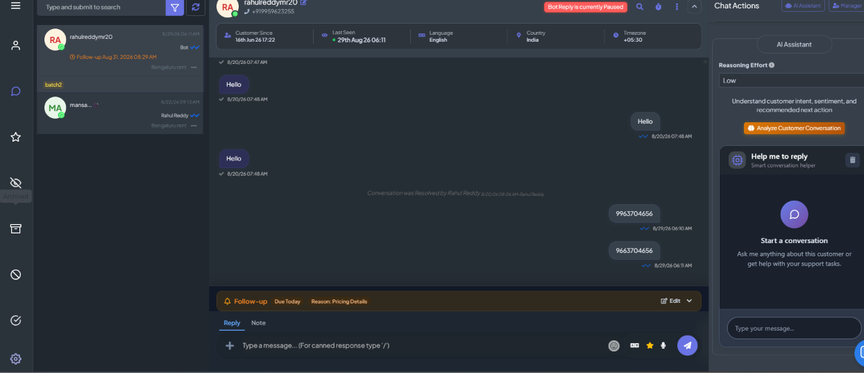 Shared Inbox rendered in dark mode, with the conversation list, chat window, and Chat Actions panel all using a dark color scheme