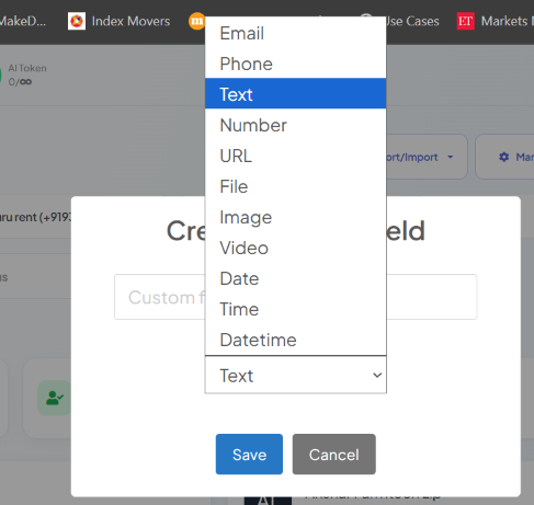 Create Custom Field dialog with the Type dropdown open, showing Email, Phone, Text, Number, URL, File, Image, Video, Date, Time, and Datetime