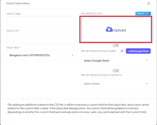 Import Subscribers modal with Select Label, Select List, Select Bot, Upload File (CSV), Import from Google Sheet, and Import from Google Contacts