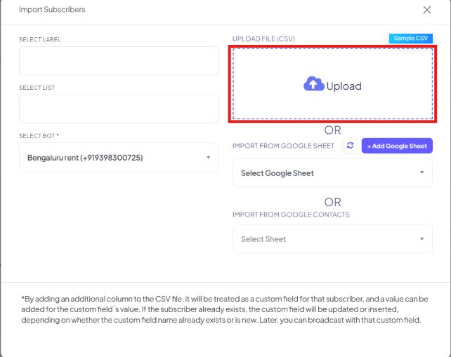 Import Subscribers modal with Select Label, Select List, Select Bot, Upload File (CSV), Import from Google Sheet, and Import from Google Contacts