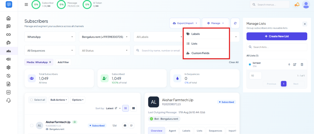 Subscriber Manager with the Manage dropdown open showing Labels, Lists, and Custom Fields, and the Manage Lists panel open on the right with a Create New List button and one existing list