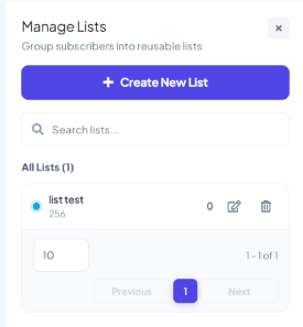 Manage Lists panel showing All Lists with one existing list, its subscriber count, and edit and delete icons