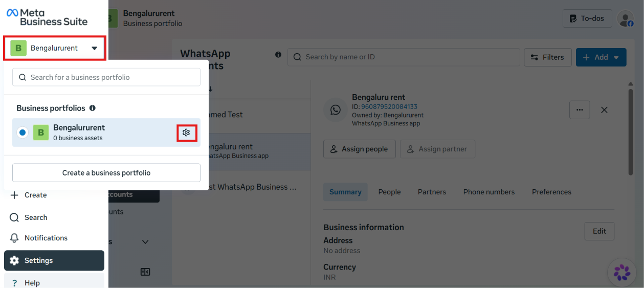 Meta Business Suite business portfolio switcher open, showing the Bengalururent business portfolio with its settings gear icon highlighted