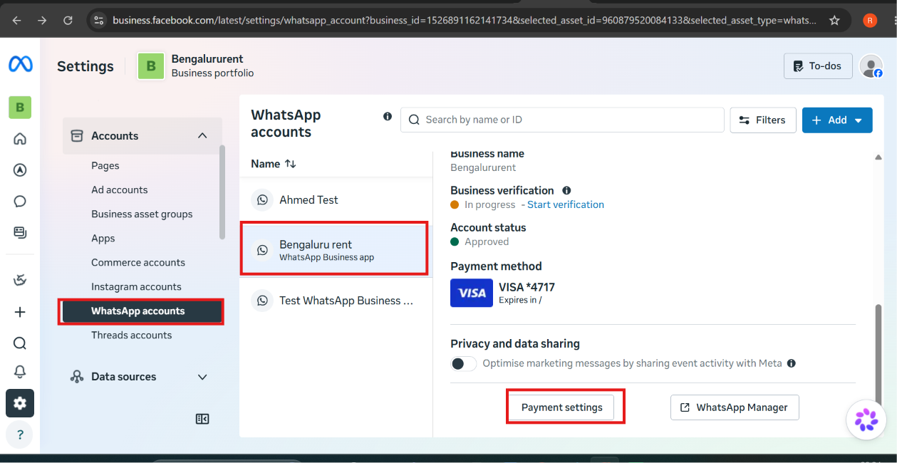 Meta Business Suite Settings, WhatsApp accounts list with one account selected showing its Account status, Payment method, and a highlighted Payment settings button