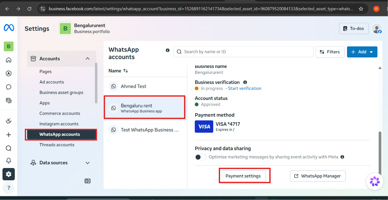 Meta Business Suite Settings, WhatsApp accounts list with one account selected showing its Account status, Payment method, and a highlighted Payment settings button