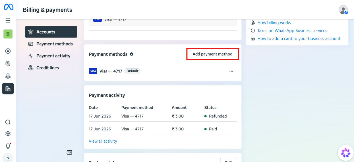 Meta Business Suite Billing and payments page, Payment methods section showing one existing Visa card and a highlighted Add payment method button, with a Payment activity table below