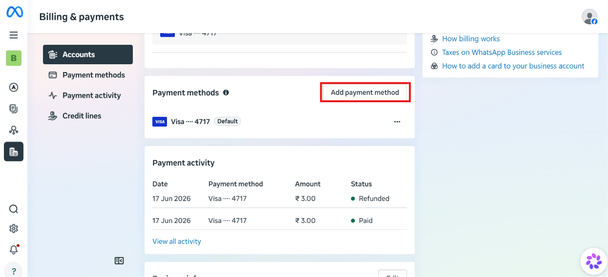 Meta Business Suite Billing and payments page, Payment methods section showing one existing Visa card and a highlighted Add payment method button, with a Payment activity table below