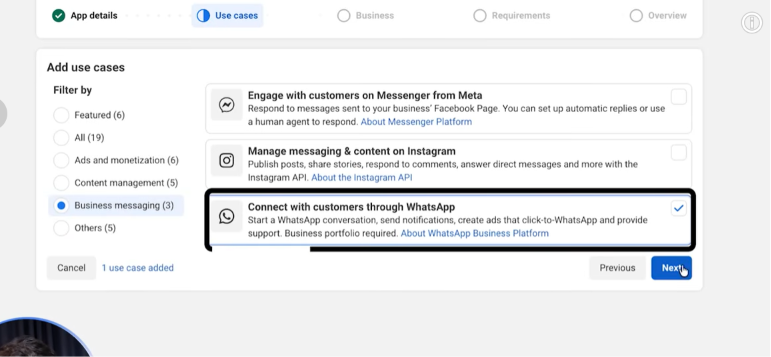 Add use cases — Connect with customers through WhatsApp selected