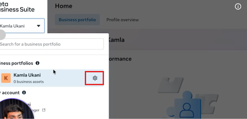 Meta Business Suite — opening a business portfolio's Settings