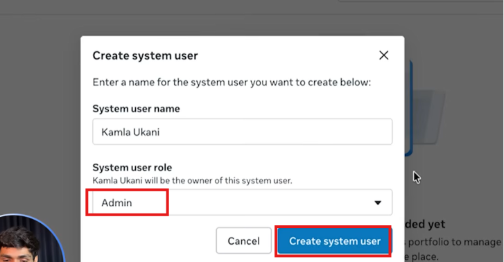 Create system user modal with name field and Admin role