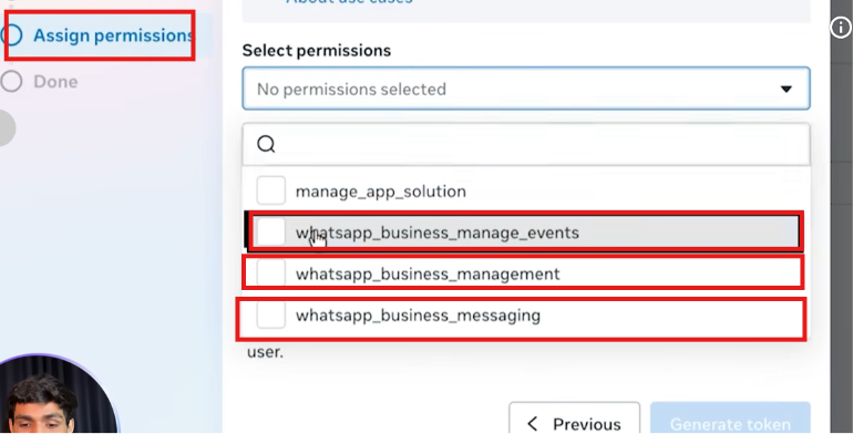 Generate token — selecting WhatsApp business permissions