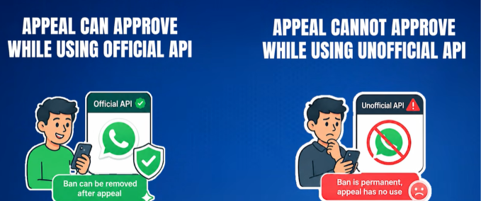 Appeal can approve while using Official API (ban can be removed after appeal) versus Appeal cannot approve while using Unofficial API (ban is permanent, appeal has no use)