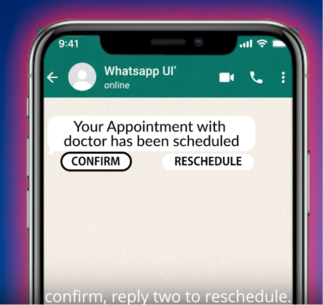 WhatsApp appointment reminder message with Confirm and Reschedule quick-reply buttons