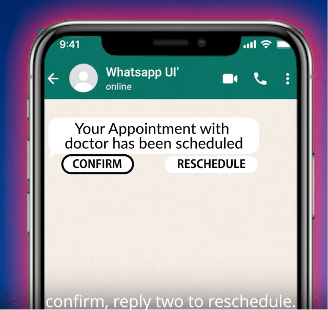 WhatsApp appointment reminder message with Confirm and Reschedule quick-reply buttons