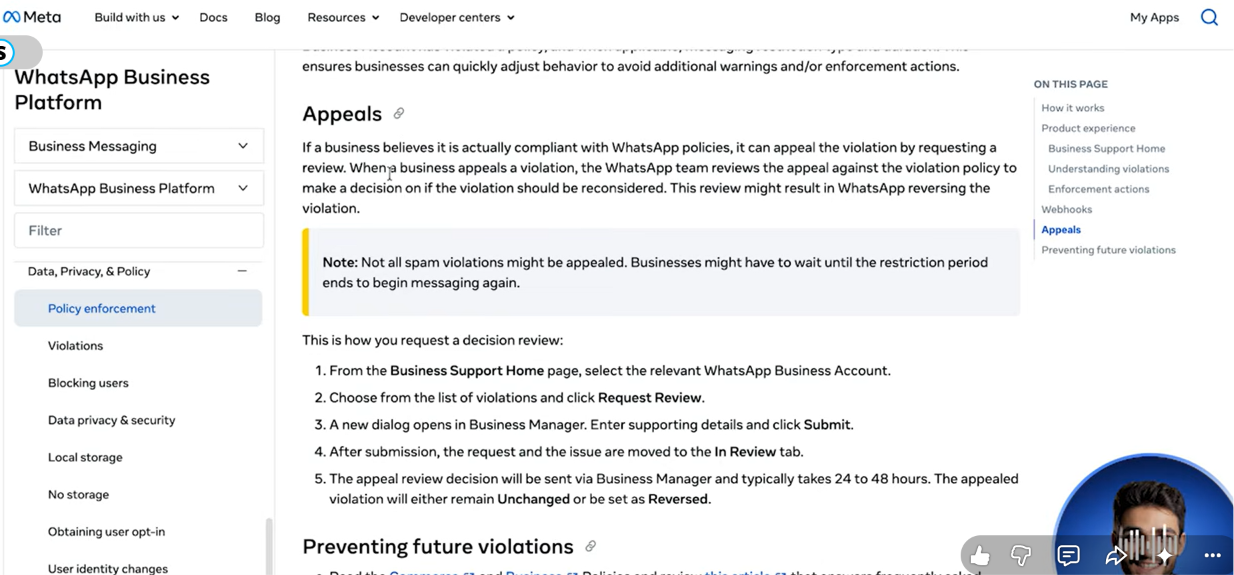 Meta Developer Docs Appeals section explaining that a business can request a review of a policy violation