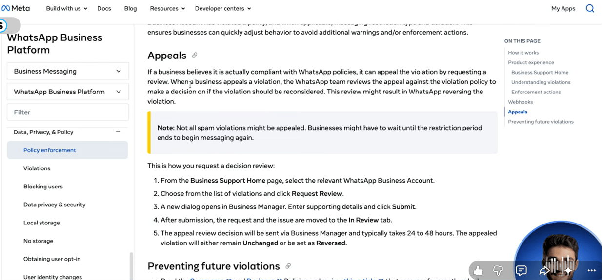 Meta Developer Docs Appeals section explaining that a business can request a review of a policy violation