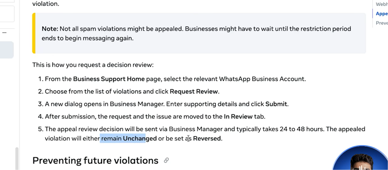 Meta Developer Docs steps to request a decision review: select the WhatsApp Business Account, choose the violation, submit supporting details, and wait 24-48 hours for a decision