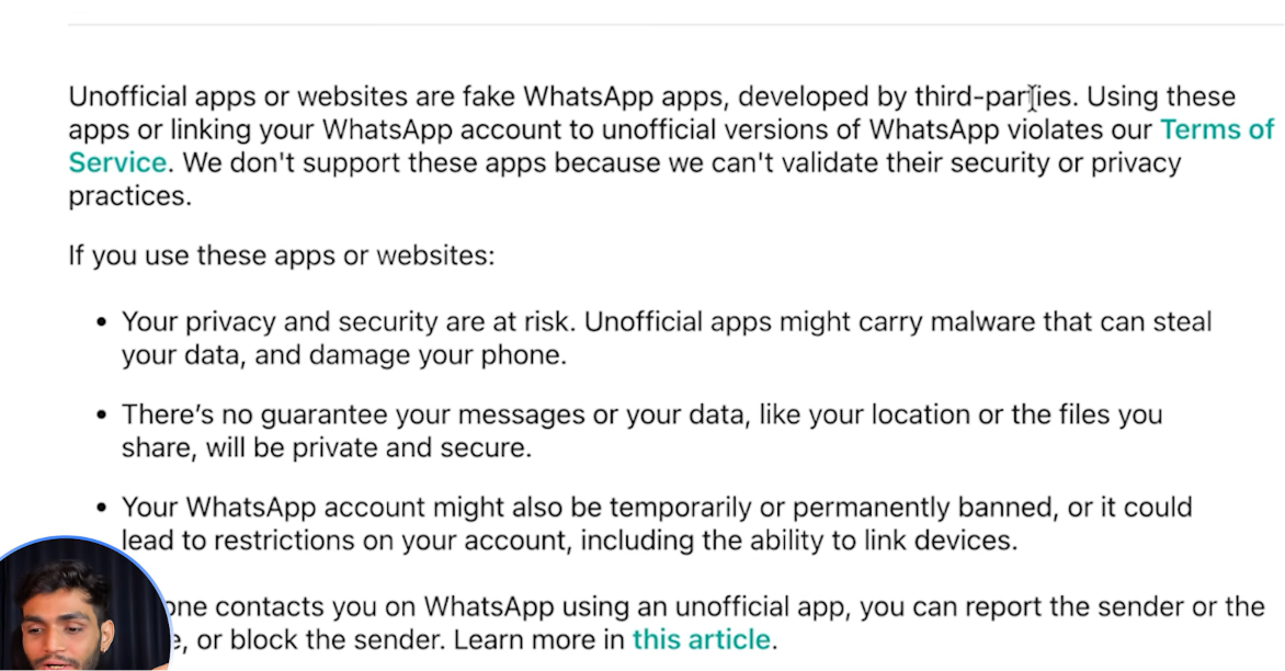 WhatsApp Help Center text: unofficial apps or websites are fake WhatsApp apps developed by third parties, violate the Terms of Service, and using them risks your account being temporarily or permanently banned