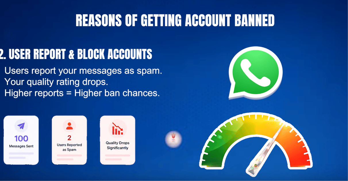 100 Messages Sent, 2 Users Reported as Spam, Quality Drops Significantly, shown against a green-to-red quality gauge