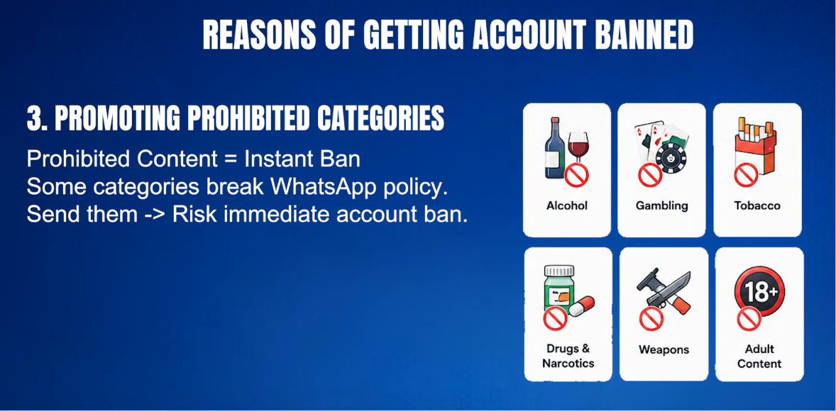 Prohibited categories: alcohol, gambling, tobacco, drugs and narcotics, weapons, adult content