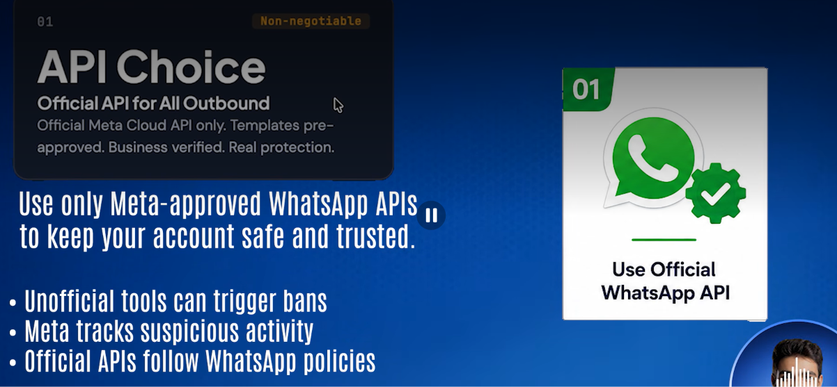 Rule 1 — API Choice: use only Meta-approved WhatsApp APIs to keep the account safe and trusted