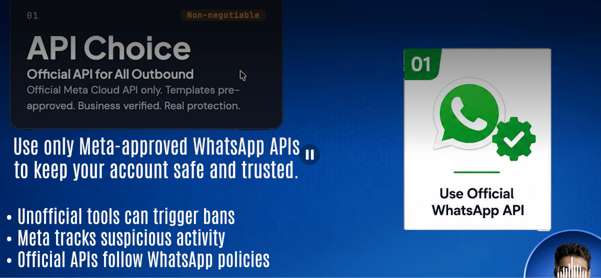 Rule 1 — API Choice: use only Meta-approved WhatsApp APIs to keep the account safe and trusted